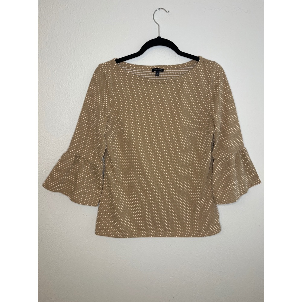 Talbots Women's Tan White Polka Dot Bell Sleeve Top Size S